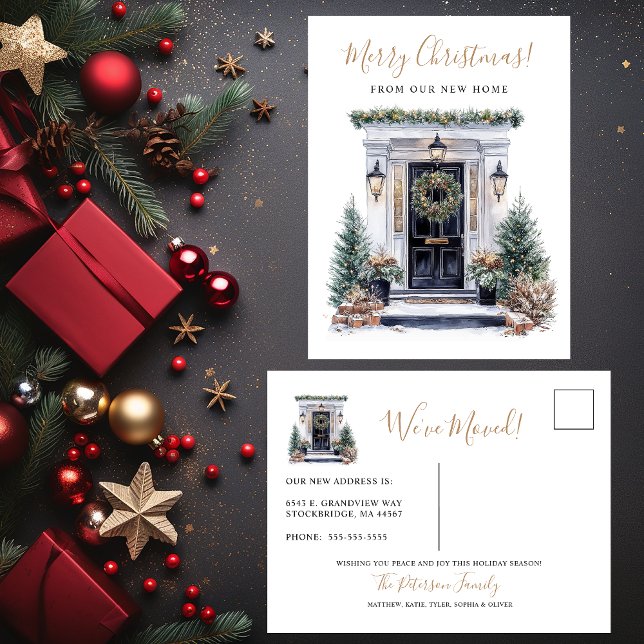 Frohe Weihnachten Neue Zuhause-Vordertür bewegen Ankündigungspostkarte (Von Creator hochgeladen)