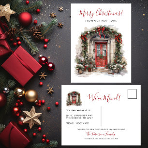 Frohe Weihnachten Neue Zuhause-Vordertür bewegen Ankündigungspostkarte