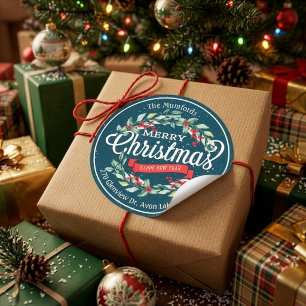 Frohe Weihnachten Neues Jahr Floral Rote Beere Adr Runder Aufkleber