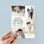 Frohe Weihnachten Neujahr farbenfrohe 4 Foto Colla<br><div class="desc">Diese stilvolle und festliche Multi-Foto-Urlaubskarte mit handgeschriebenem Styling in kräftigen Farbtönen mit einer Foto-Collage, die 4 Ihrer Fotos zeigt. Die Rückseite weist ein fließendes Punktmuster in passenden Farben auf. Fügen Sie einfach Ihre Fotos und Text mit ein paar stäche und Klicks hinzu und Sie sind fertig. Klicken Sie zum weiteren...</div>