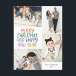 Frohe Weihnachten Neujahr farbenfrohe 4 Foto Colla<br><div class="desc">Diese stilvolle und festliche Multi-Foto Ferienpostkarte bietet handgeschriebenen Stil mit einer Foto-Collage, die 4 Ihrer Fotos zeigt. Auf der Rückseite fügen Sie Ihre Rücksendeadresse und eine vorgedruckte, benutzerdefinierte Nachricht für einfaches und schnelles Verschicken von Urlaubskarten ein. Fügen Sie einfach Ihre Fotos und Text mit ein paar stäche und Klicks hinzu...</div>