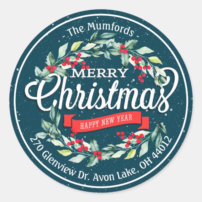 Frohe Weihnachten Neujahr Floral Red Berry Adresse Runder Aufkleber (Vorderseite)