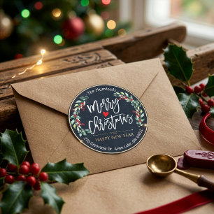 Frohe Weihnachten Neujahr Floral Red Berry Adresse Runder Aufkleber