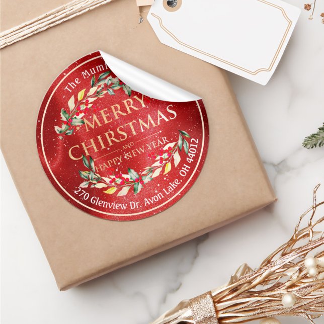 Frohe Weihnachten Neujahr Floral Red Berry Adresse Runder Aufkleber (Von Creator hochgeladen)