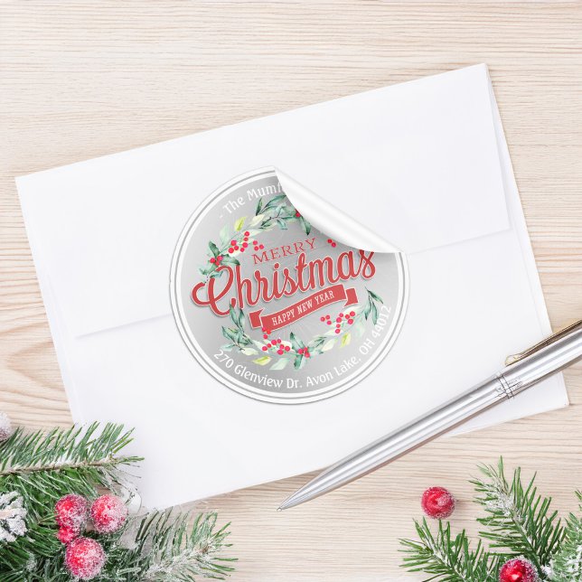 Frohe Weihnachten Neujahr Floral Red Berry Adresse Runder Aufkleber (Von Creator hochgeladen)