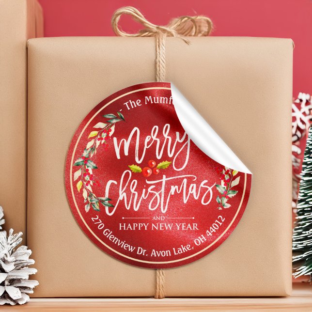 Frohe Weihnachten Neujahr Floral Red Berry Adresse Runder Aufkleber (Von Creator hochgeladen)
