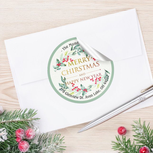 Frohe Weihnachten Neujahr Floral Red Berry Adresse Runder Aufkleber (Von Creator hochgeladen)