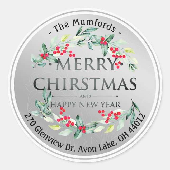 Frohe Weihnachten Neujahr Floral Red Berry Adresse Runder Aufkleber (Vorderseite)