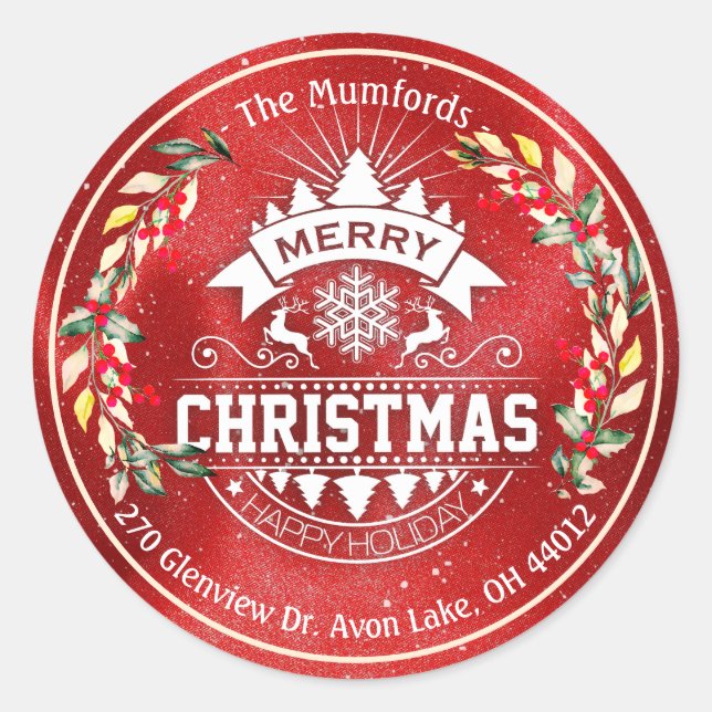 Frohe Weihnachten Neujahr Floral Red Berry Adresse Runder Aufkleber (Vorderseite)