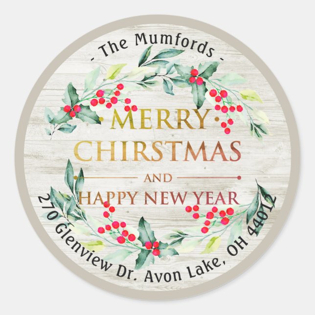 Frohe Weihnachten Neujahr Floral Red Berry Adresse Runder Aufkleber (Vorderseite)