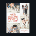 Frohe Weihnachten Neujahr Red 4 Foto Collage<br><div class="desc">Diese stilvolle und festliche Multi-Foto Ferienpostkarte bietet handgeschriebenen Stil mit einer Foto-Collage, die 4 Ihrer Fotos zeigt. Auf der Rückseite fügen Sie Ihre Rücksendeadresse und eine vorgedruckte, benutzerdefinierte Nachricht für einfaches und schnelles Verschicken von Urlaubskarten ein. Fügen Sie einfach Ihre Fotos und Text mit ein paar stäche und Klicks hinzu...</div>