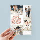 Frohe Weihnachten Neujahr Red 4 Foto Collage<br><div class="desc">Diese stilvolle und festliche Multi-Foto-Urlaubskarte bietet handgeschriebenen Stil mit einer Foto-Collage, die 4 Ihrer Fotos zeigt. Die Rückseite weist ein fließendes Punktmuster in passenden Farben auf. Fügen Sie einfach Ihre Fotos und Text mit ein paar stäche und Klicks hinzu und Sie sind fertig. Klicken Sie zum weiteren Anpassen auf "Bearbeiten...</div>