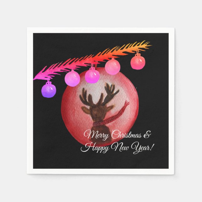 Frohe Weihnachten, Neujahr Wasserfarben Hirsche Na Serviette (Vorderseite)