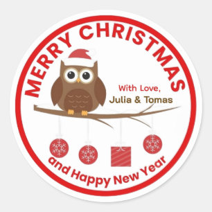 Frohe Weihnachten & Neujahr Winter Niedlich Owl Na Runder Aufkleber
