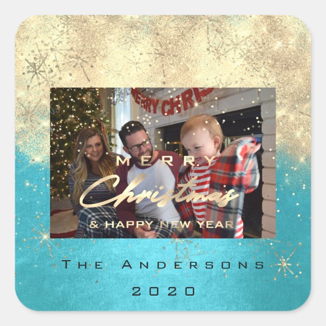 Frohe Weihnachten New Gold Glitzer Foto Blue Quadratischer Aufkleber (Vorderseite)