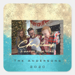 Frohe Weihnachten New Gold Glitzer Foto Blue Quadratischer Aufkleber