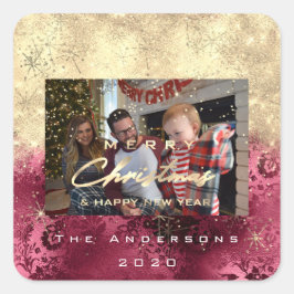 Frohe Weihnachten New Gold Glitzer Foto Bordeaux Quadratischer Aufkleber