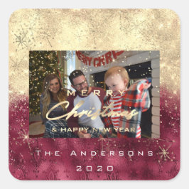 Frohe Weihnachten New Gold Glitzer Foto Burgundy Quadratischer Aufkleber