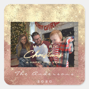 Frohe Weihnachten New Gold Glitzer Foto Glam Blush Quadratischer Aufkleber