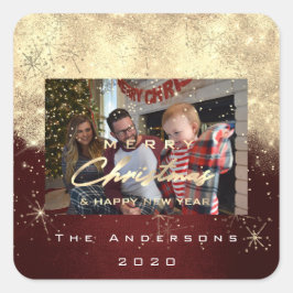Frohe Weihnachten New Gold Glitzer Foto Maroon Quadratischer Aufkleber