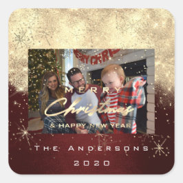 Frohe Weihnachten New Gold Glitzer Foto Maroon Quadratischer Aufkleber