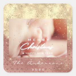 Frohe Weihnachten New Gold Glitzer Foto Peach Whit Quadratischer Aufkleber