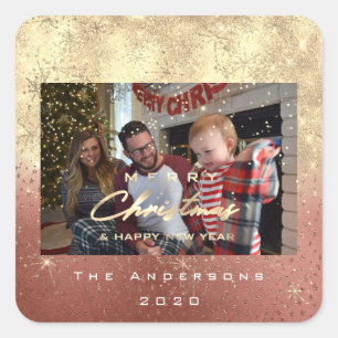 Frohe Weihnachten New Gold Glitzer Foto Rose Quadratischer Aufkleber