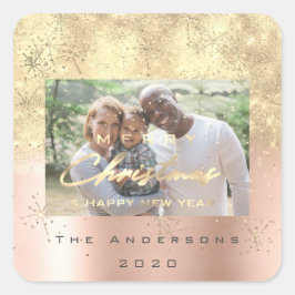 Frohe Weihnachten New Sepia Gold Glitzer Foto Blus Quadratischer Aufkleber
