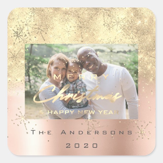 Frohe Weihnachten New Sepia Gold Glitzer Foto Blus Quadratischer Aufkleber (Vorderseite)