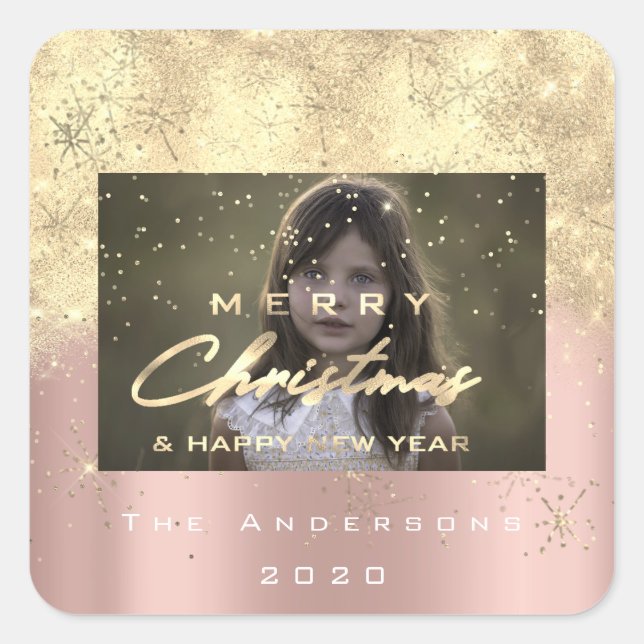 Frohe Weihnachten New Sepia Gold Glitzer Foto Blus Quadratischer Aufkleber (Vorderseite)