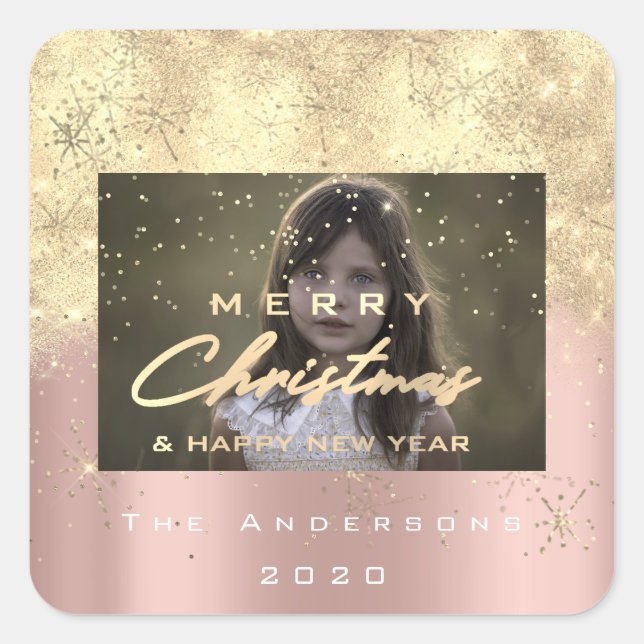 Frohe Weihnachten New Sepia Gold Glitzer Foto Rose Quadratischer Aufkleber (Vorderseite)