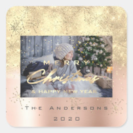 Frohe Weihnachten New Sepia Gold Glitzer Foto Spar Quadratischer Aufkleber