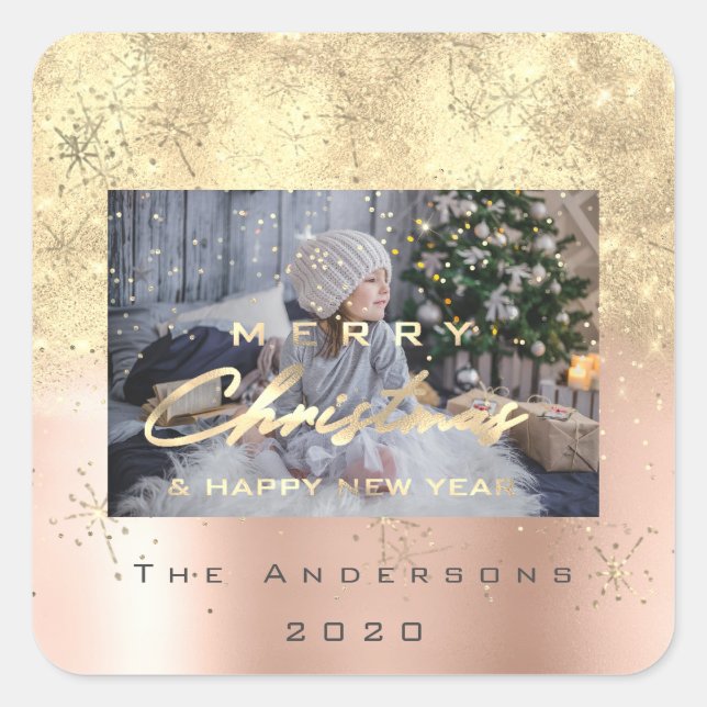 Frohe Weihnachten New Sepia Gold Glitzer Foto Spar Quadratischer Aufkleber (Vorderseite)