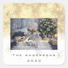 Frohe Weihnachten New Sepia Gold Glitzer Foto Whit Quadratischer Aufkleber