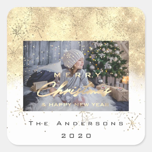 Frohe Weihnachten New Sepia Gold Glitzer Foto Whit Quadratischer Aufkleber (Vorderseite)