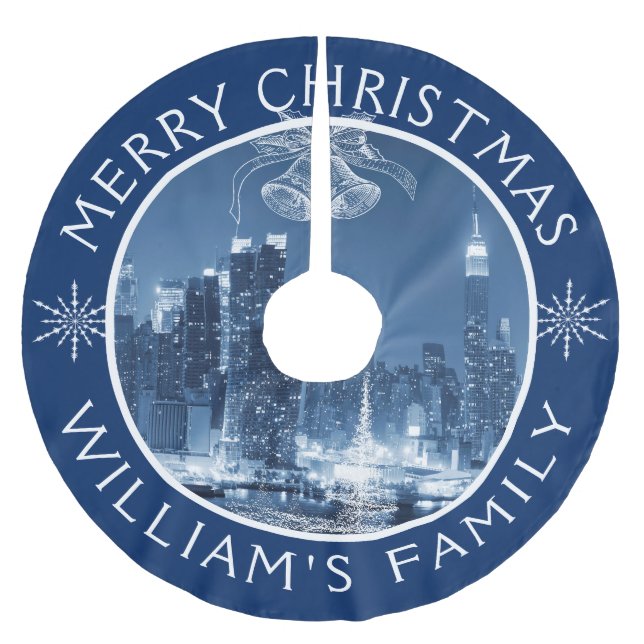 Frohe Weihnachten New Yorker Winterlandschaft Polyester Weihnachtsbaumdecke (Vorderseite)