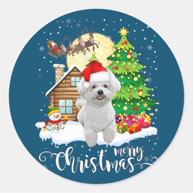 Frohe Weihnachten Niedlich Bichon Frise Santa mit  Runder Aufkleber (Vorderseite)