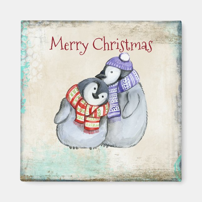 Frohe Weihnachten Niedlich Cuddling Pinguine Magnet (Vorne)