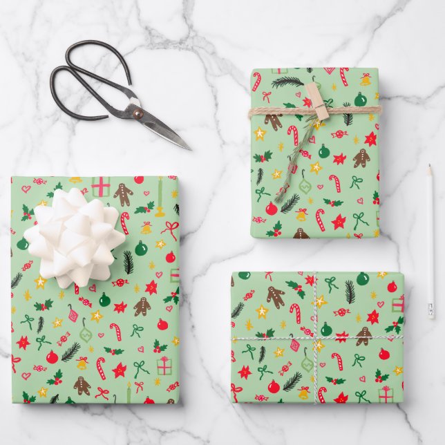 Frohe Weihnachten Niedlich Doodle Whimsical Muster Geschenkpapier Set (Vorderseite)