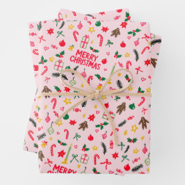 Frohe Weihnachten Niedlich Doodle Whimsical Muster Geschenkpapier Set
