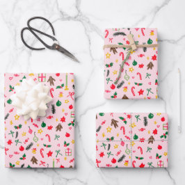 Frohe Weihnachten Niedlich Doodle Whimsical Muster Geschenkpapier Set
