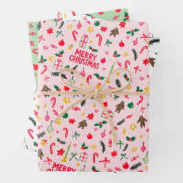 Frohe Weihnachten Niedlich Doodle Whimsical Muster Geschenkpapier Set