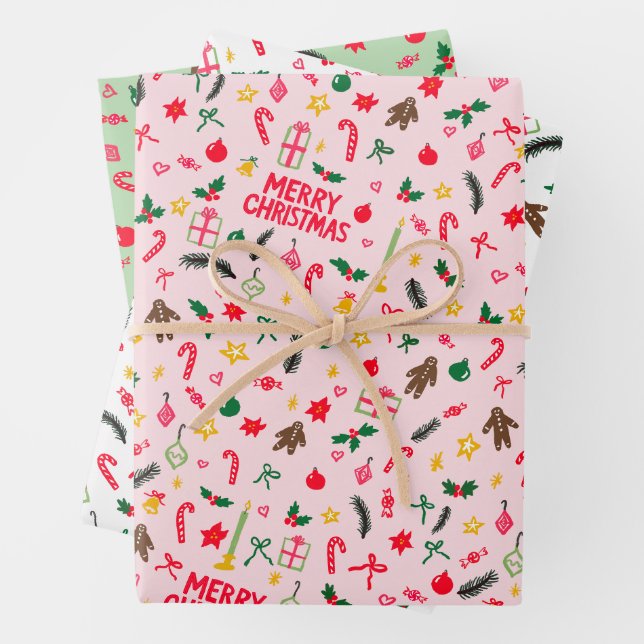 Frohe Weihnachten Niedlich Doodle Whimsical Muster Geschenkpapier Set (Beispiel)