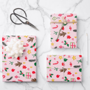 Frohe Weihnachten Niedlich Doodle Whimsical Muster Geschenkpapier Set