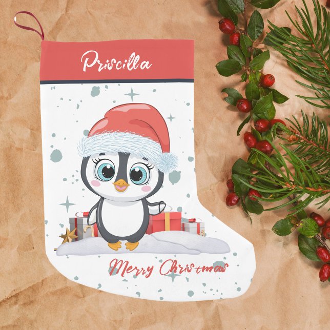 Frohe Weihnachten Niedlich glücklicher Pinguin mit Kleiner Weihnachtsstrumpf (Von Creator hochgeladen)