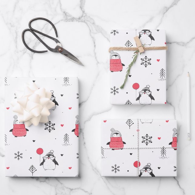 Frohe Weihnachten Niedlich Happy Pinguin in Hats W Geschenkpapier Set (Vorderseite)