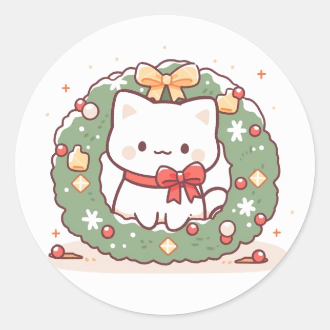 Frohe Weihnachten Niedlich Kitty Cat Runder Aufkleber (Vorderseite)