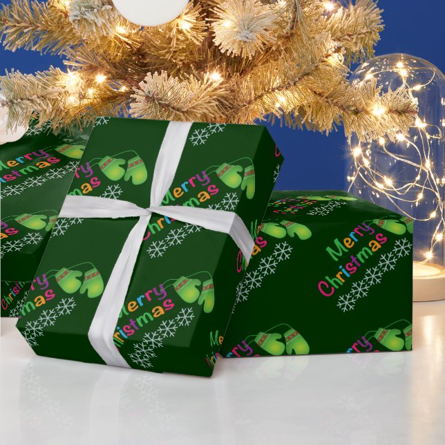 Frohe Weihnachten Niedlich Mittens Dunkelgrüner Fe Geschenkpapier (Feiertage)