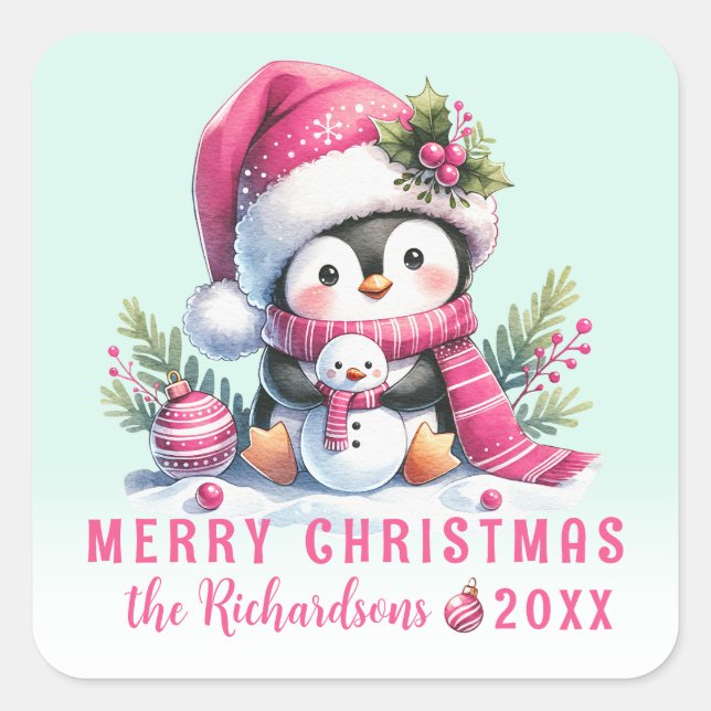 Frohe Weihnachten Niedlich Pinguin Minze und Pink  Quadratischer Aufkleber (Vorderseite)