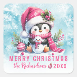 Frohe Weihnachten Niedlich Pinguin Snowy und Pink  Quadratischer Aufkleber